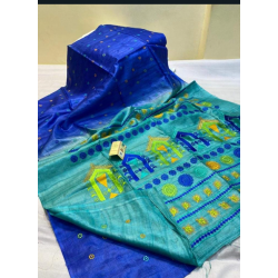 Pure handloom Tusar ghicha silk saree with embroidery and print work with unstitched blouse-GSK-000807