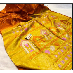 Pure handloom Tusar ghicha silk saree with embroidery and print work with unstitched blouse-GSK-000810